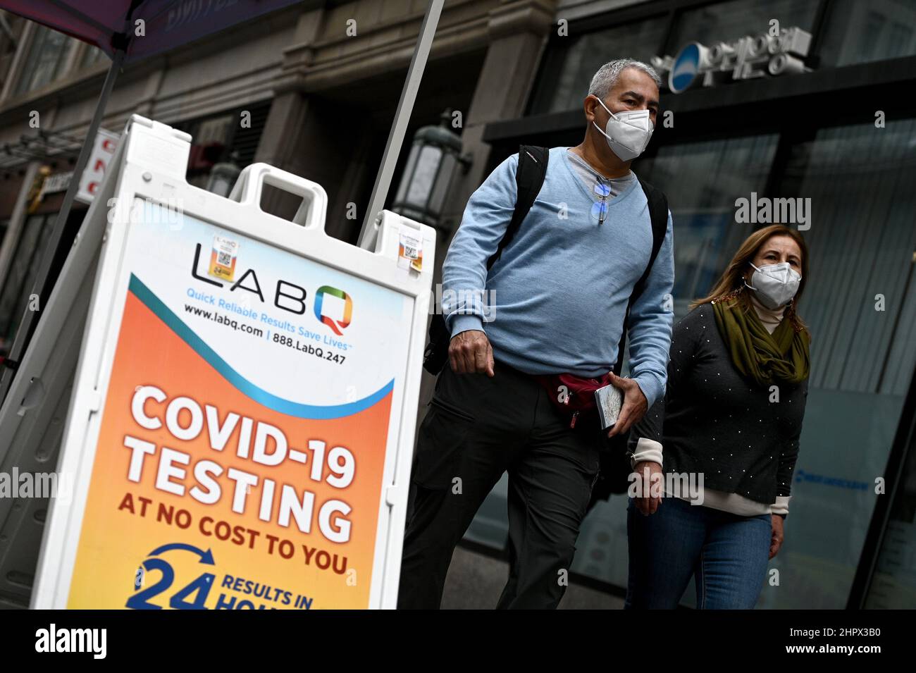 New York, USA. 23rd Feb, 2022. Pedestrians walking through Herald