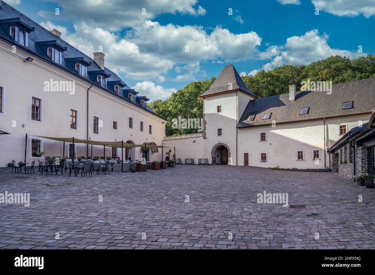 Courtyard of newly rebuilt Viglas castle with gate tower Stock Photo