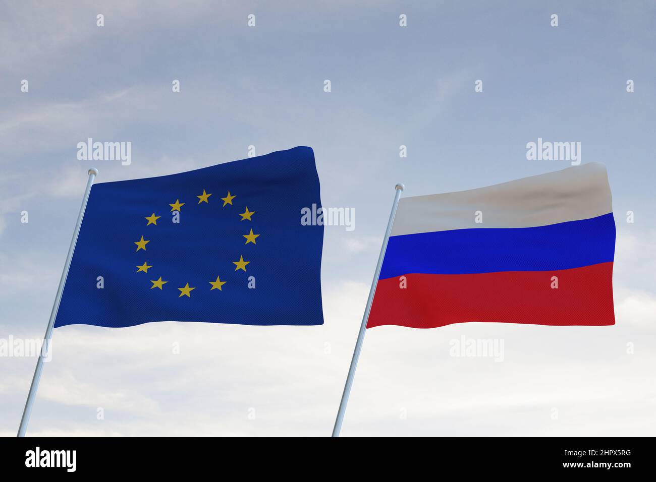 Flags of EUROPEAN UNION, EU and RUSSIA waving with cloudy blue sky background,3D rendering WAR Stock Photo
