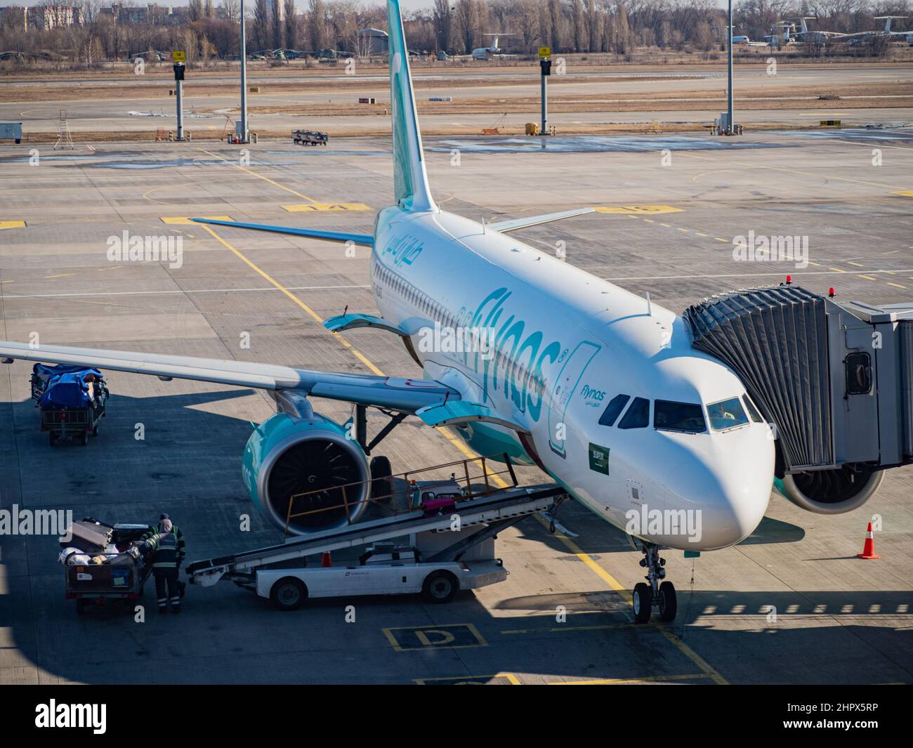 Kiev, Ukraine. 14th Feb, 2022. Flynas Airbus A320 aircraft at Boryspil Airport. (Photo by Igor Golovniov/SOPA Images/Sipa USA) Credit: Sipa USA/Alamy Live News Stock Photo