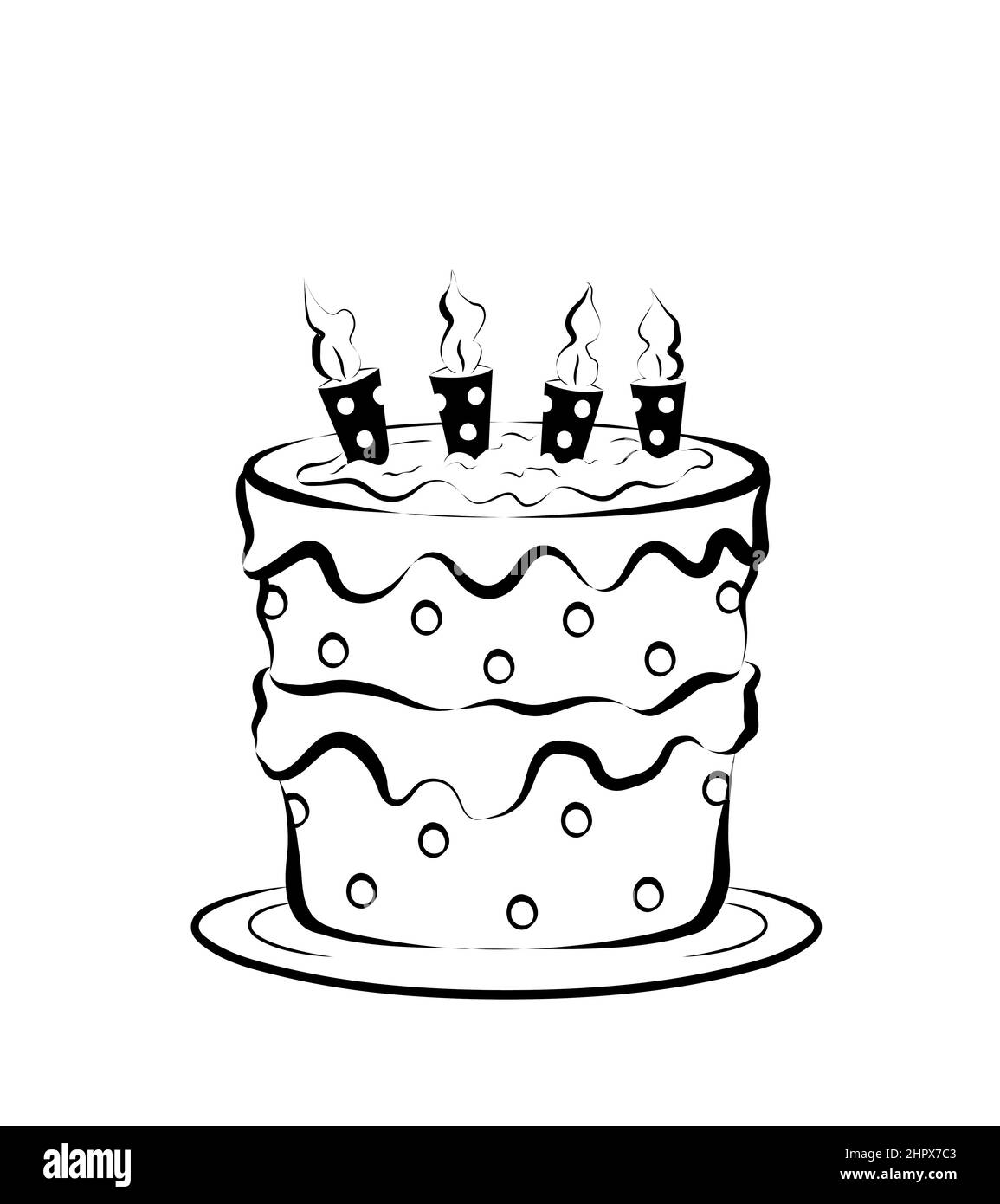 black and white birthday cake for kids with four candles. illustration isolated on white background Stock Photo