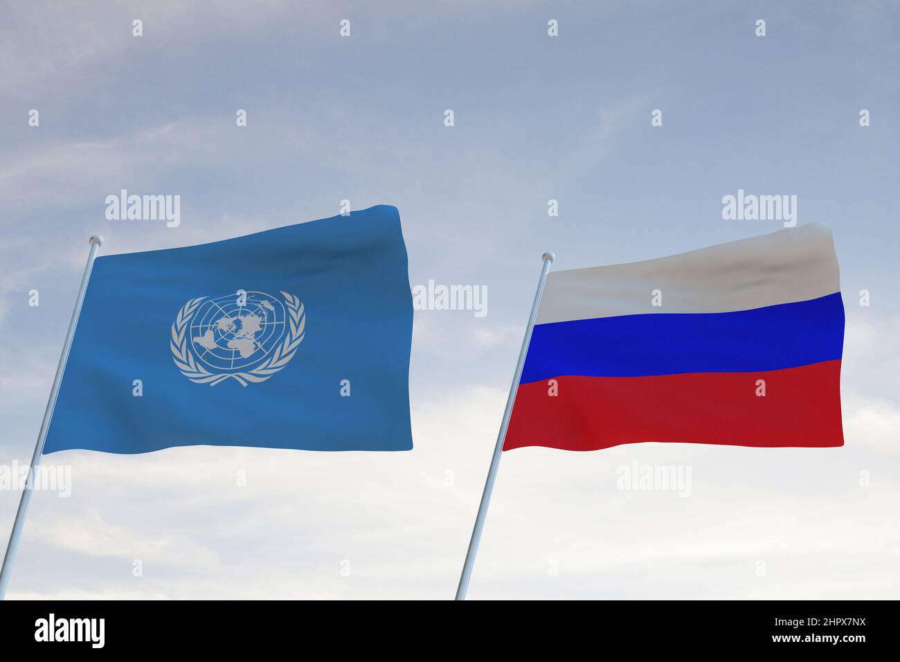 Flags of UNITED NATIONS,UN and RUSSIA waving with cloudy blue sky background,3D rendering WAR Stock Photo