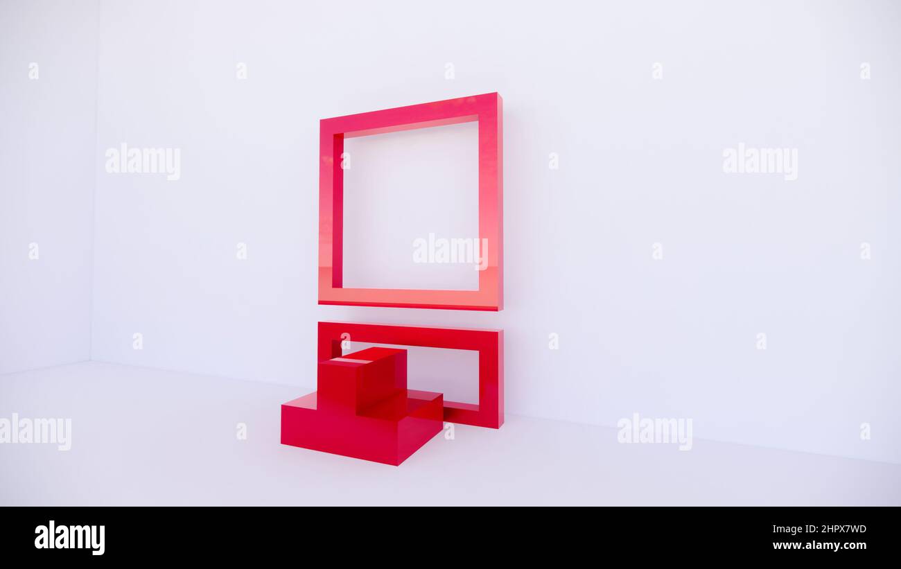 3d rendering for a product stand or studio with red boxes and red photo frames too Background