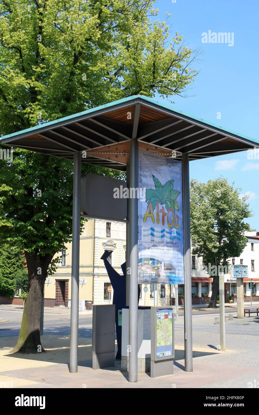 View of tourist information shelter in summer at Stendal train station in Germany with clear blue sky background. No people. Stock Photo