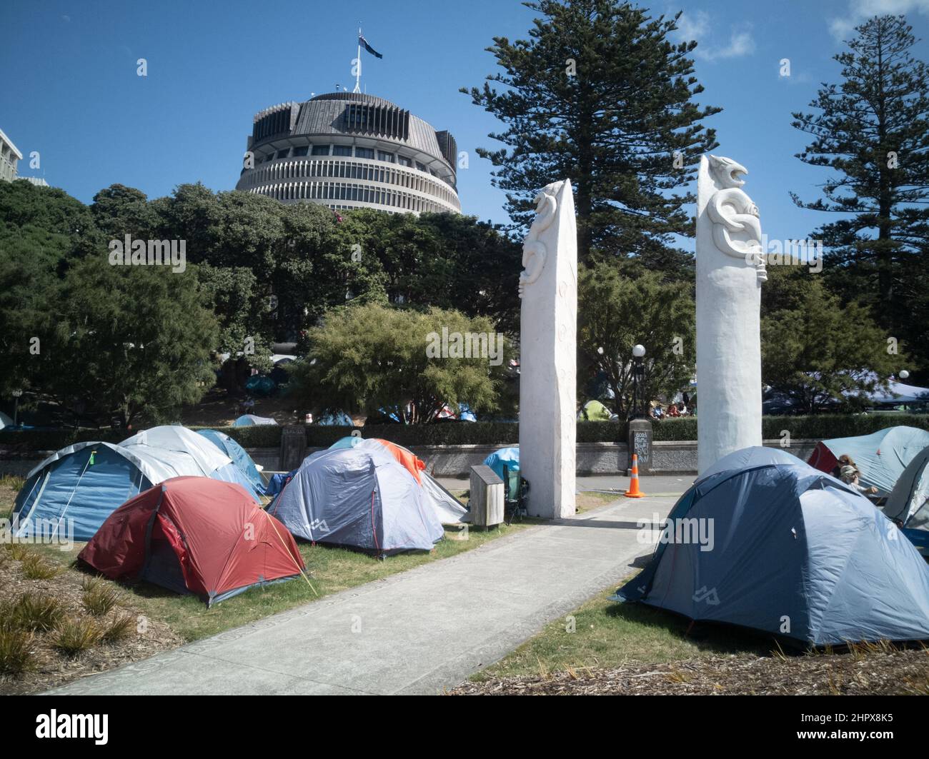 Protestor tents outside parliament grounds in Wellington, New Zealand. People protest the covid vaccine mandates on day 17 of the occupation. Stock Photo