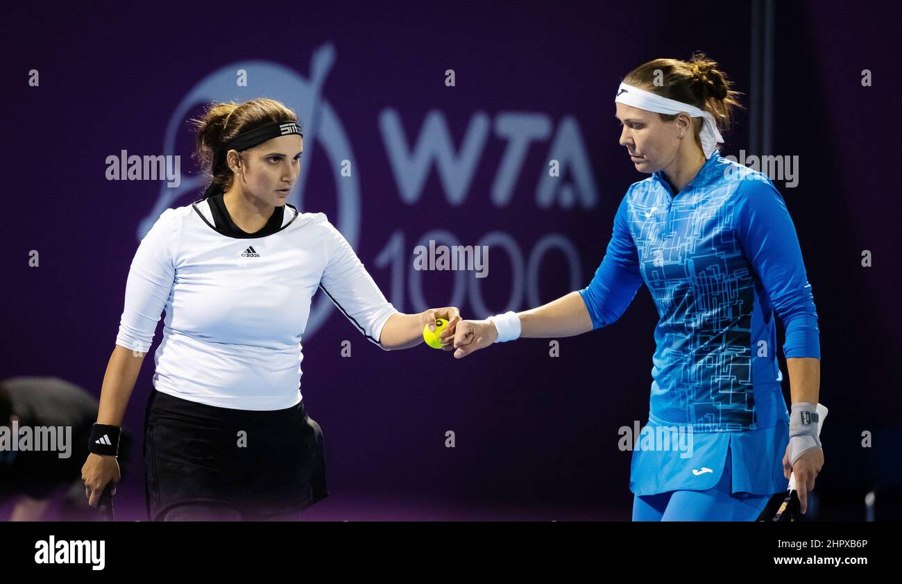 Doha, Qatar - February 23, 2022, Sania Mirza of India & Lucie Hradecka of the Czech Republic in action during the doubles quarter-final of the 2022 Qatar TotalEnergies Open, WTA 1000 tennis tournament on February 23, 2022 at Khalifa tennis and squash complex in Doha, Qatar - Photo: Rob Prange/DPPI/LiveMedia Stock Photo