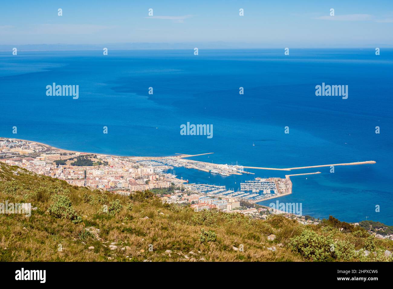 Scenic view of Dénia harbor from above in the Mediterranean Sea Stock Photo