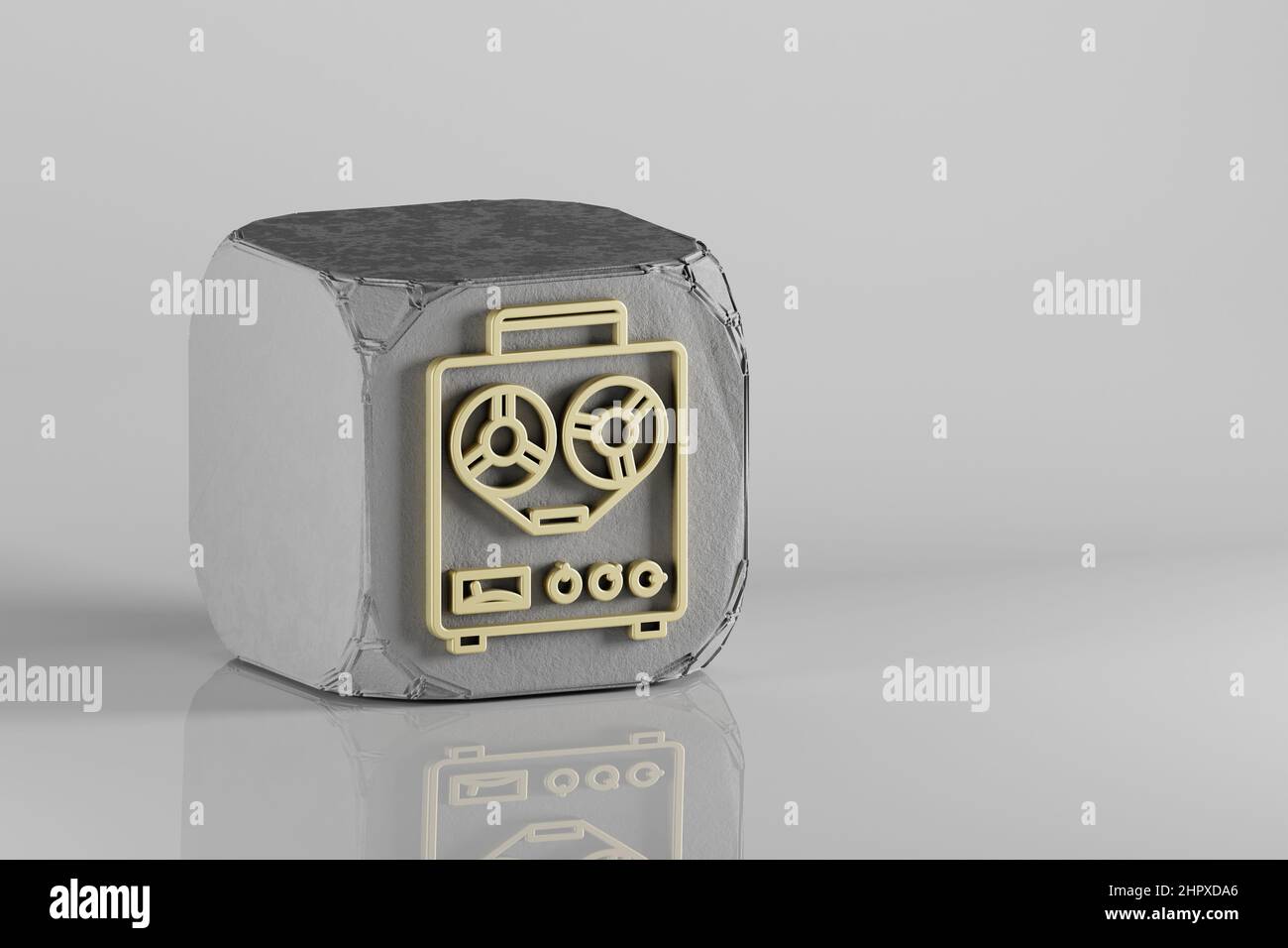 Old Audio Recorder icon. Beautiful Golden music symbol icons on a beton cube and white ceramic background. 3d rendering illustration. Background patte Stock Photo
