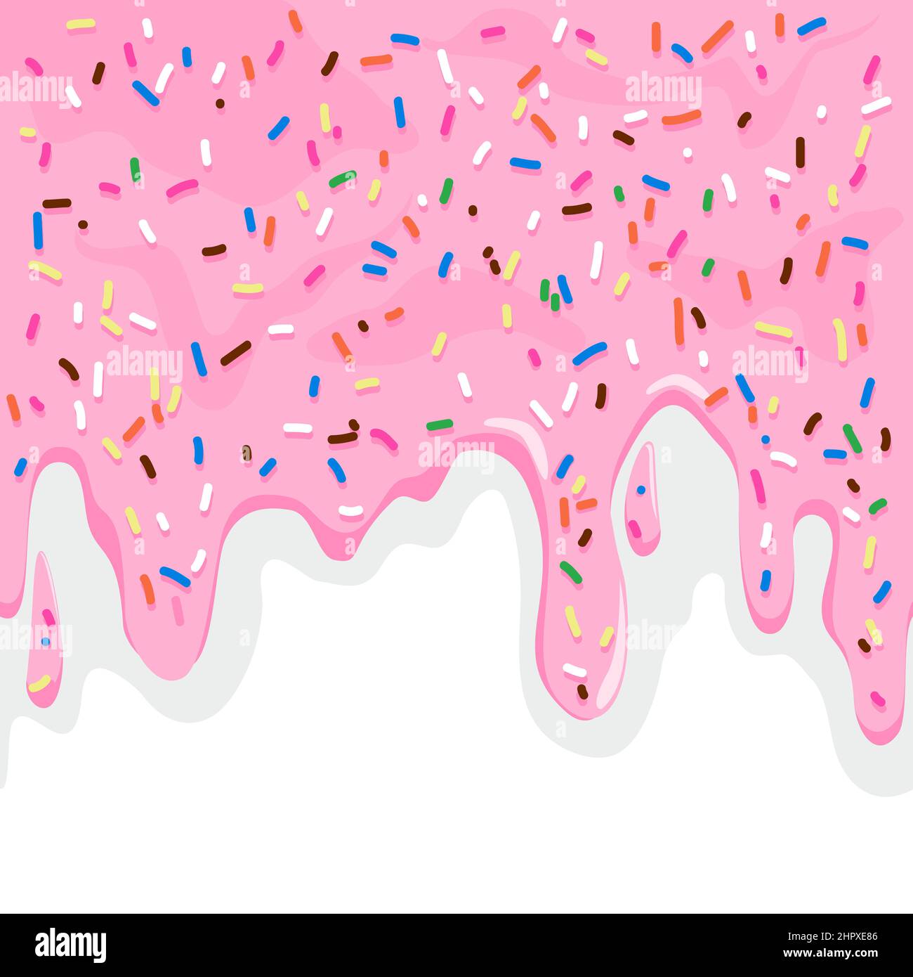 Melting pink cream frosting with colorful sprinkles on white background