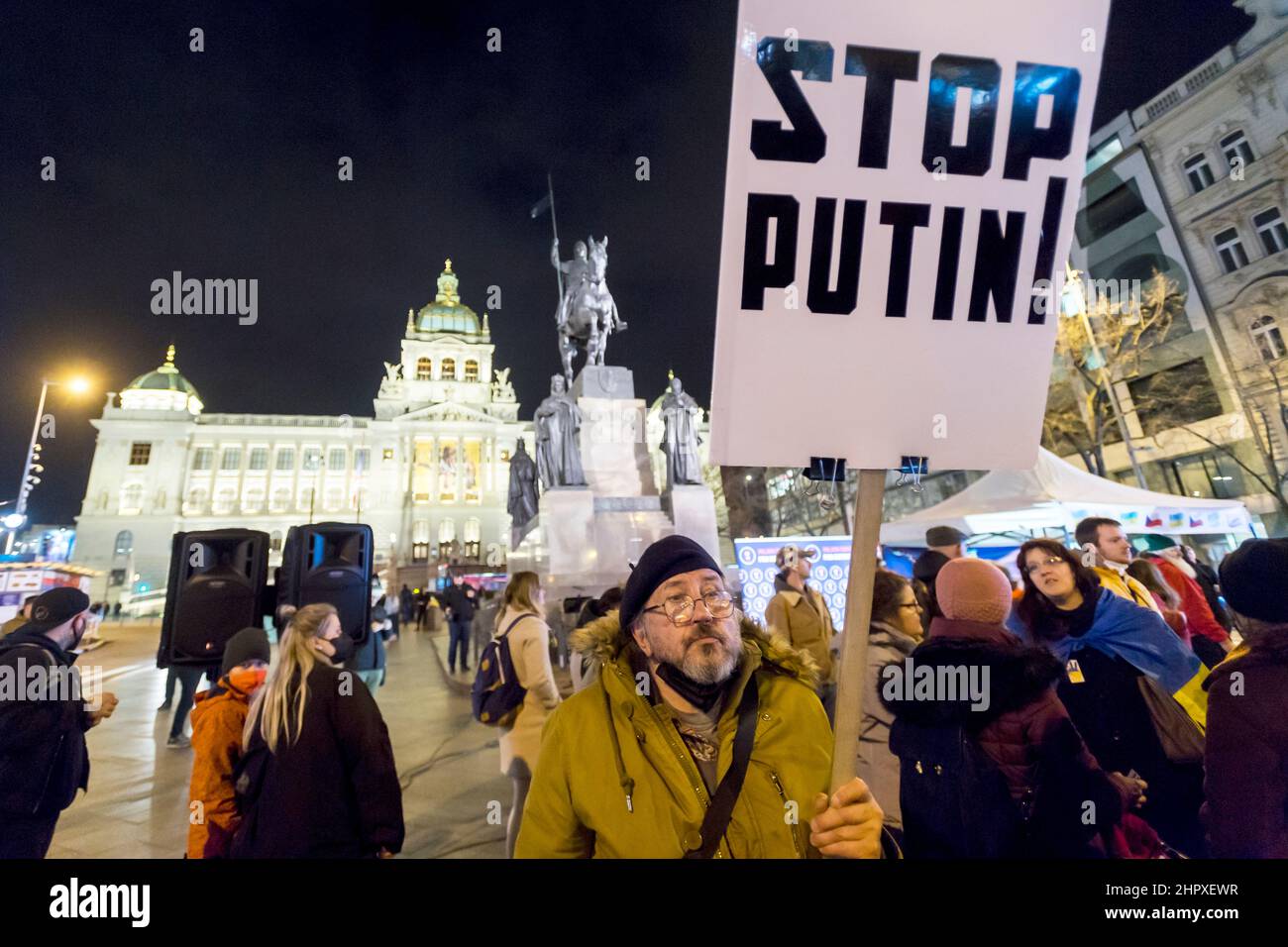 Protester at Prague's Wenceslas Square, February 22, 2022 on the eve of russian invasion on Ukraine Stock Photo