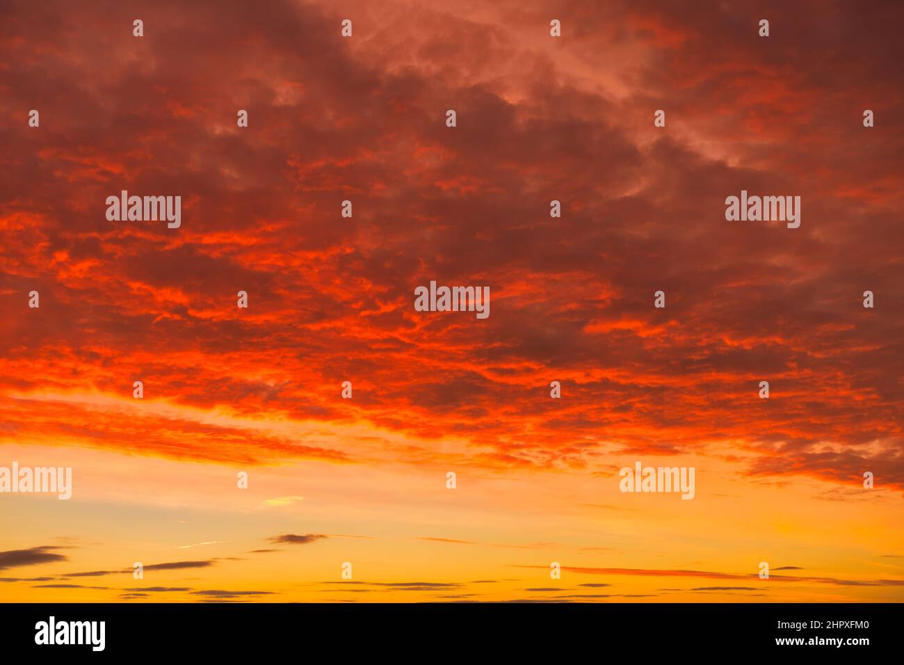 Dramatic, fiery, cloudscape at sunrise. Sky replacement. Stock Photo