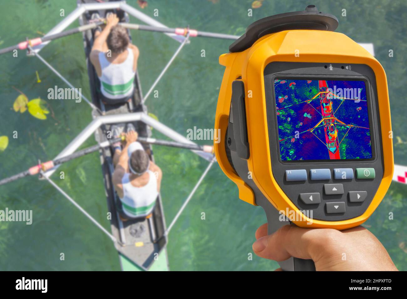 Recording two rowers in a boat, with Infrared Thermal Camera Stock Photo