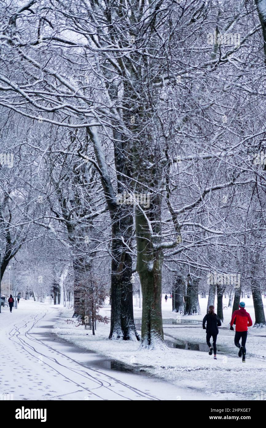 Edinburgh, Scotland, UK, 24th February 2022. UK Weather: Edinburgh wakes up to snow falling in the morning. People running in the snow at the Meadows Credit: Lorenzo Dalberto/Alamy Live News Stock Photo