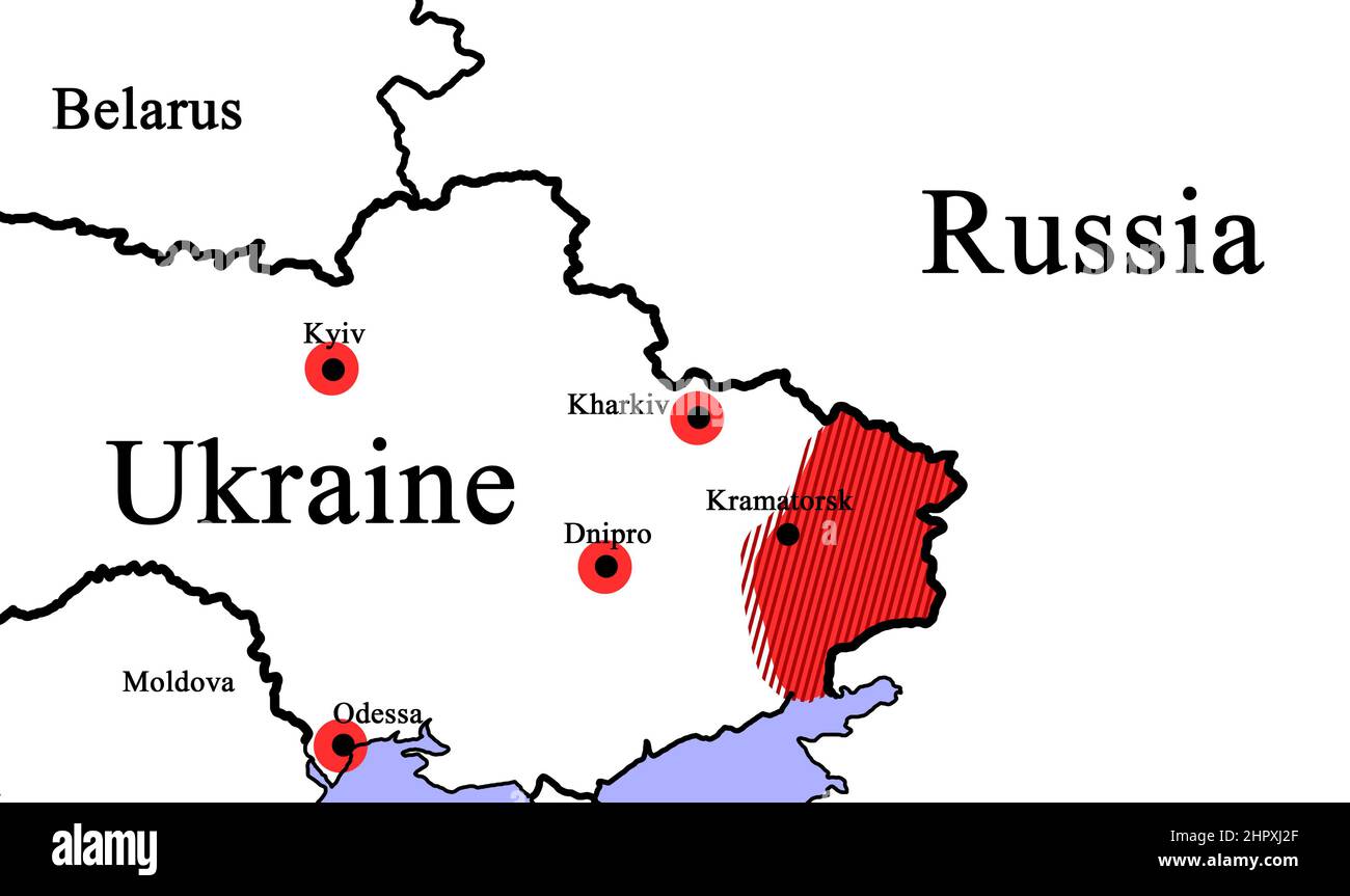 Russia vs Ukraine. World map illustration, war between Russia and Ukraine, attacks, war crisis, Political conflict Stock Photo