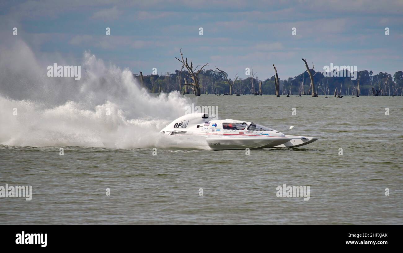 Mulwala, New South Wales Australia March 28, 2021 White hydroplane