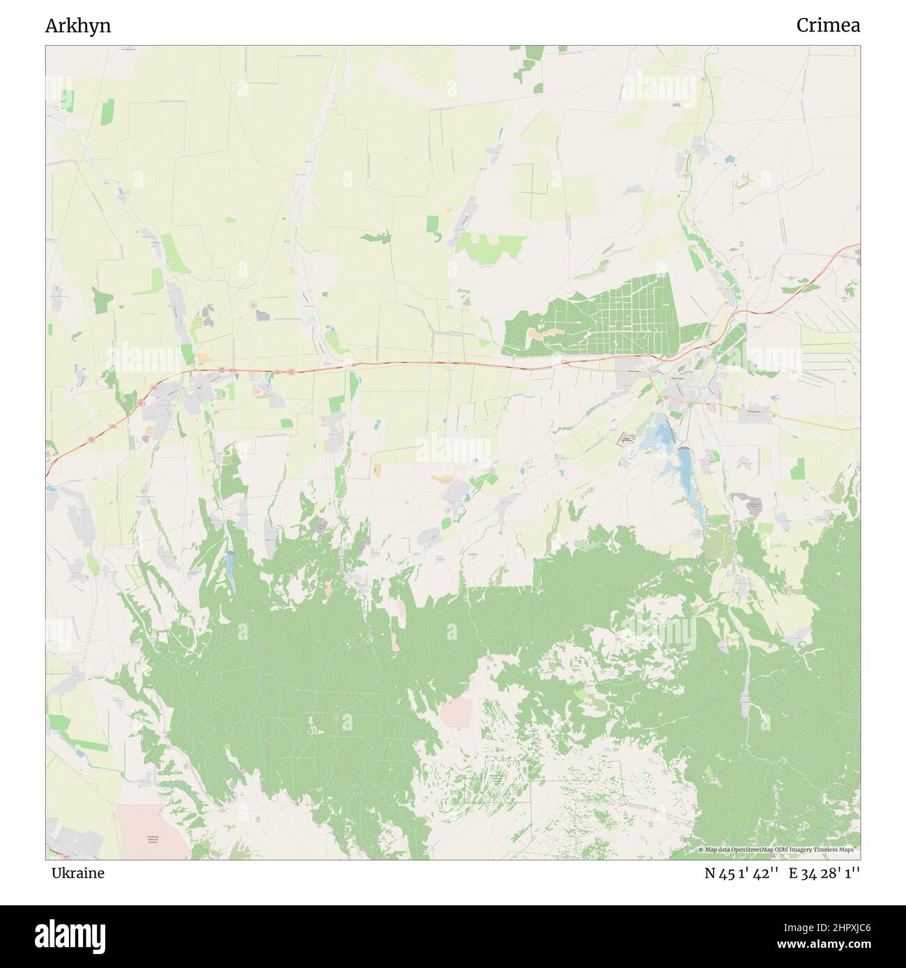 Arkhyn, Ukraine, Crimea, N 45 1' 42'', E 34 28' 1'', map, Timeless Map published in 2021. Travelers, explorers and adventurers like Florence Nightingale, David Livingstone, Ernest Shackleton, Lewis and Clark and Sherlock Holmes relied on maps to plan travels to the world's most remote corners, Timeless Maps is mapping most locations on the globe, showing the achievement of great dreams Stock Photo