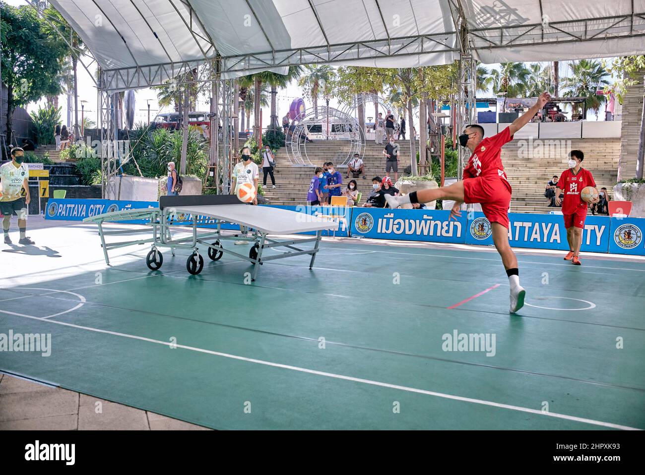 Teqball players, Thailand, Southeast Asia. Teqball is a ball sport
