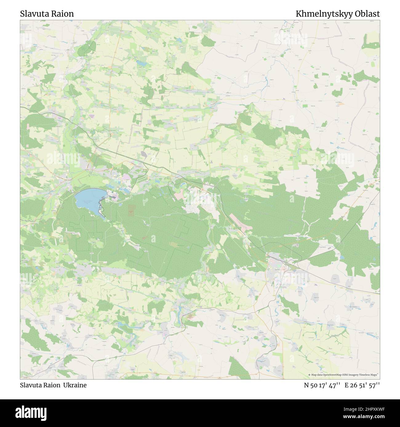 Slavuta Raion, Slavuta Raion, Ukraine, Khmelnytskyy Oblast, N 50 17' 47'', E 26 51' 57'', map, Timeless Map published in 2021. Travelers, explorers and adventurers like Florence Nightingale, David Livingstone, Ernest Shackleton, Lewis and Clark and Sherlock Holmes relied on maps to plan travels to the world's most remote corners, Timeless Maps is mapping most locations on the globe, showing the achievement of great dreams Stock Photo