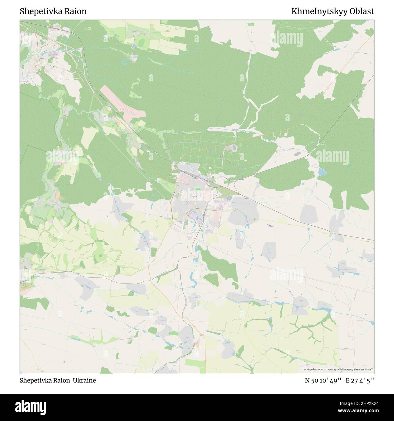 Shepetivka Raion, Shepetivka Raion, Ukraine, Khmelnytskyy Oblast, N 50 10' 49'', E 27 4' 5'', map, Timeless Map published in 2021. Travelers, explorers and adventurers like Florence Nightingale, David Livingstone, Ernest Shackleton, Lewis and Clark and Sherlock Holmes relied on maps to plan travels to the world's most remote corners, Timeless Maps is mapping most locations on the globe, showing the achievement of great dreams Stock Photo