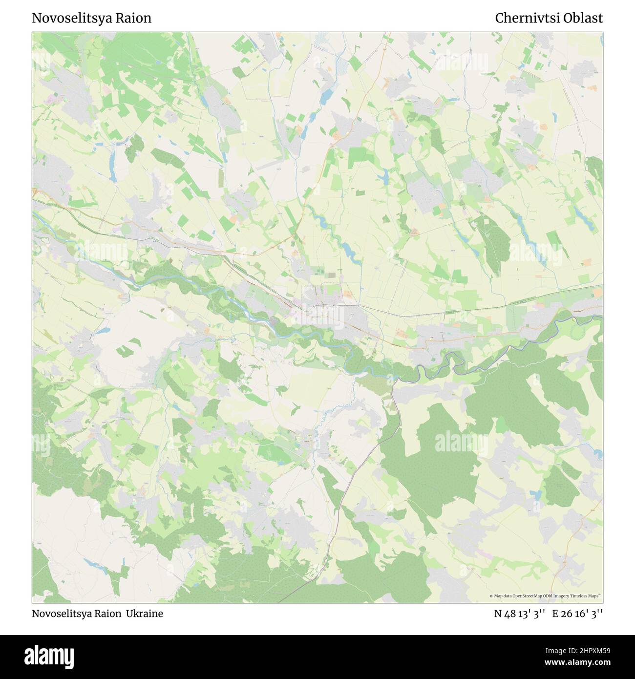 Novoselitsya Raion, Novoselitsya Raion, Ukraine, Chernivtsi Oblast, N 48 13' 3'', E 26 16' 3'', map, Timeless Map published in 2021. Travelers, explorers and adventurers like Florence Nightingale, David Livingstone, Ernest Shackleton, Lewis and Clark and Sherlock Holmes relied on maps to plan travels to the world's most remote corners, Timeless Maps is mapping most locations on the globe, showing the achievement of great dreams Stock Photo