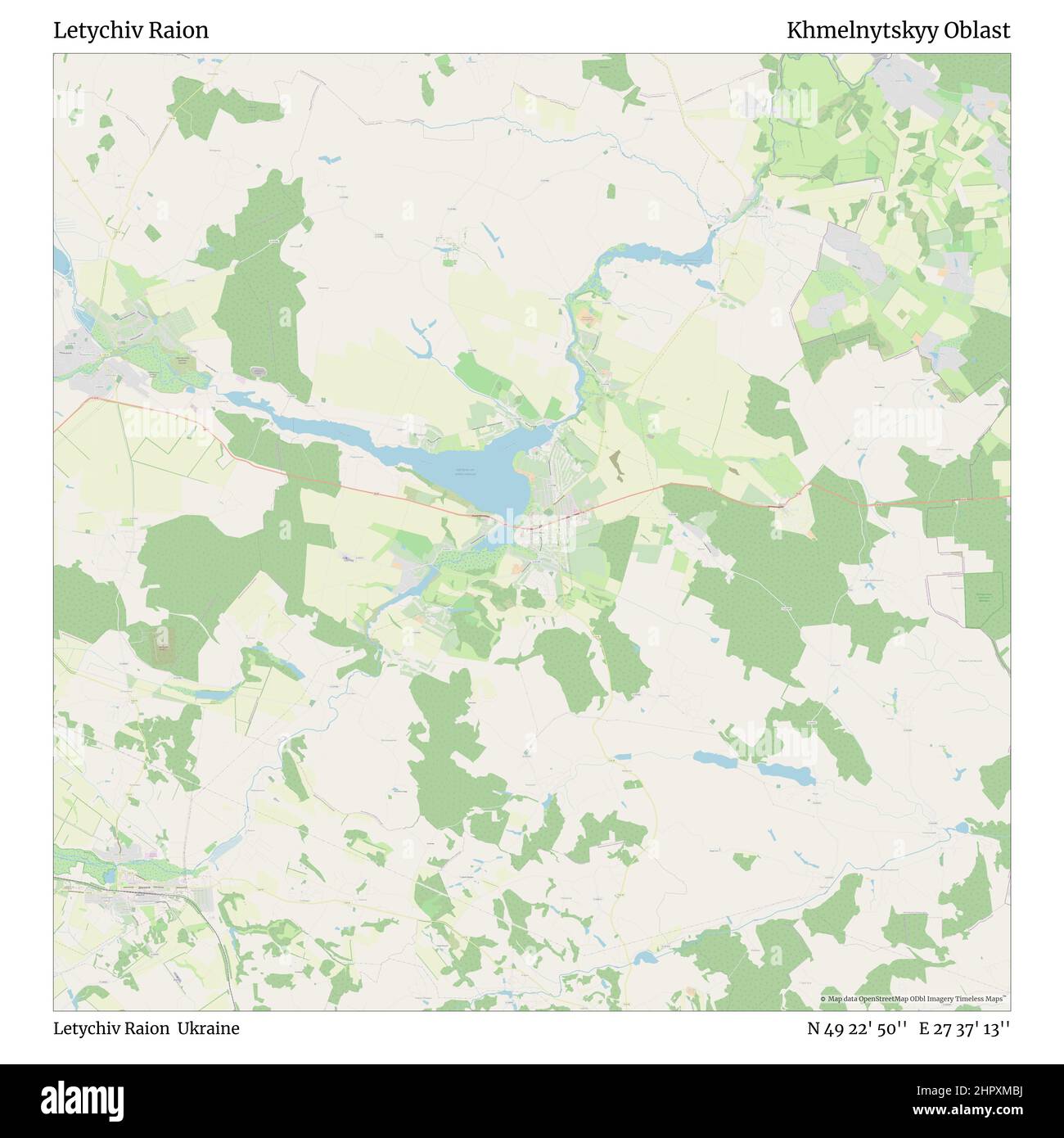 Letychiv Raion, Letychiv Raion, Ukraine, Khmelnytskyy Oblast, N 49 22' 50'', E 27 37' 13'', map, Timeless Map published in 2021. Travelers, explorers and adventurers like Florence Nightingale, David Livingstone, Ernest Shackleton, Lewis and Clark and Sherlock Holmes relied on maps to plan travels to the world's most remote corners, Timeless Maps is mapping most locations on the globe, showing the achievement of great dreams Stock Photo