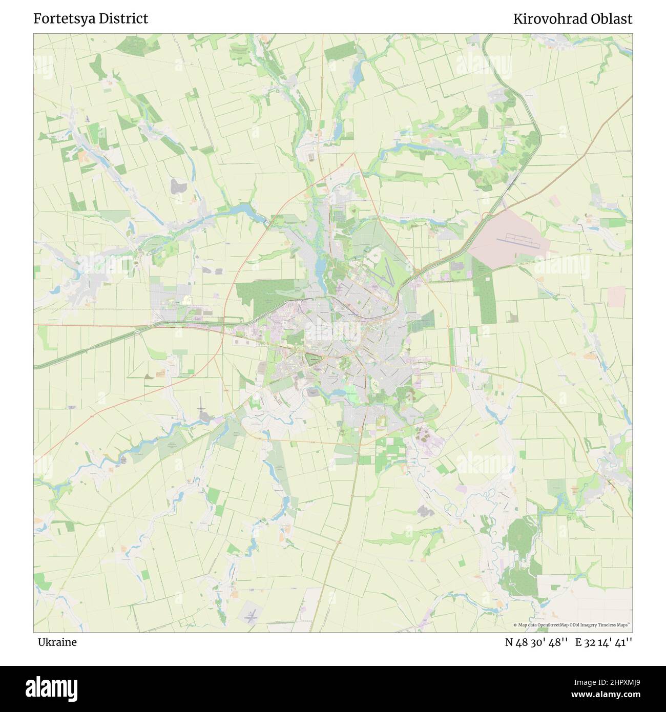 Fortetsya District, Ukraine, Kirovohrad Oblast, N 48 30' 48'', E 32 14' 41'', map, Timeless Map published in 2021. Travelers, explorers and adventurers like Florence Nightingale, David Livingstone, Ernest Shackleton, Lewis and Clark and Sherlock Holmes relied on maps to plan travels to the world's most remote corners, Timeless Maps is mapping most locations on the globe, showing the achievement of great dreams Stock Photo