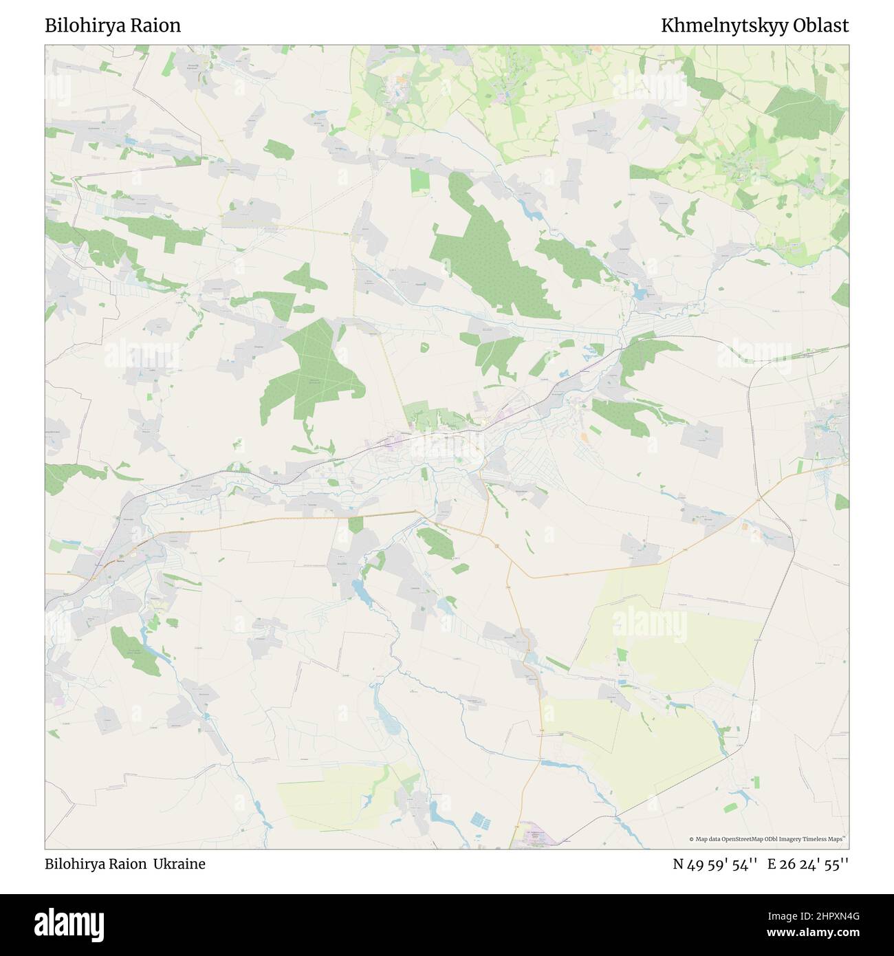 Bilohirya Raion, Bilohirya Raion, Ukraine, Khmelnytskyy Oblast, N 49 59' 54'', E 26 24' 55'', map, Timeless Map published in 2021. Travelers, explorers and adventurers like Florence Nightingale, David Livingstone, Ernest Shackleton, Lewis and Clark and Sherlock Holmes relied on maps to plan travels to the world's most remote corners, Timeless Maps is mapping most locations on the globe, showing the achievement of great dreams Stock Photo