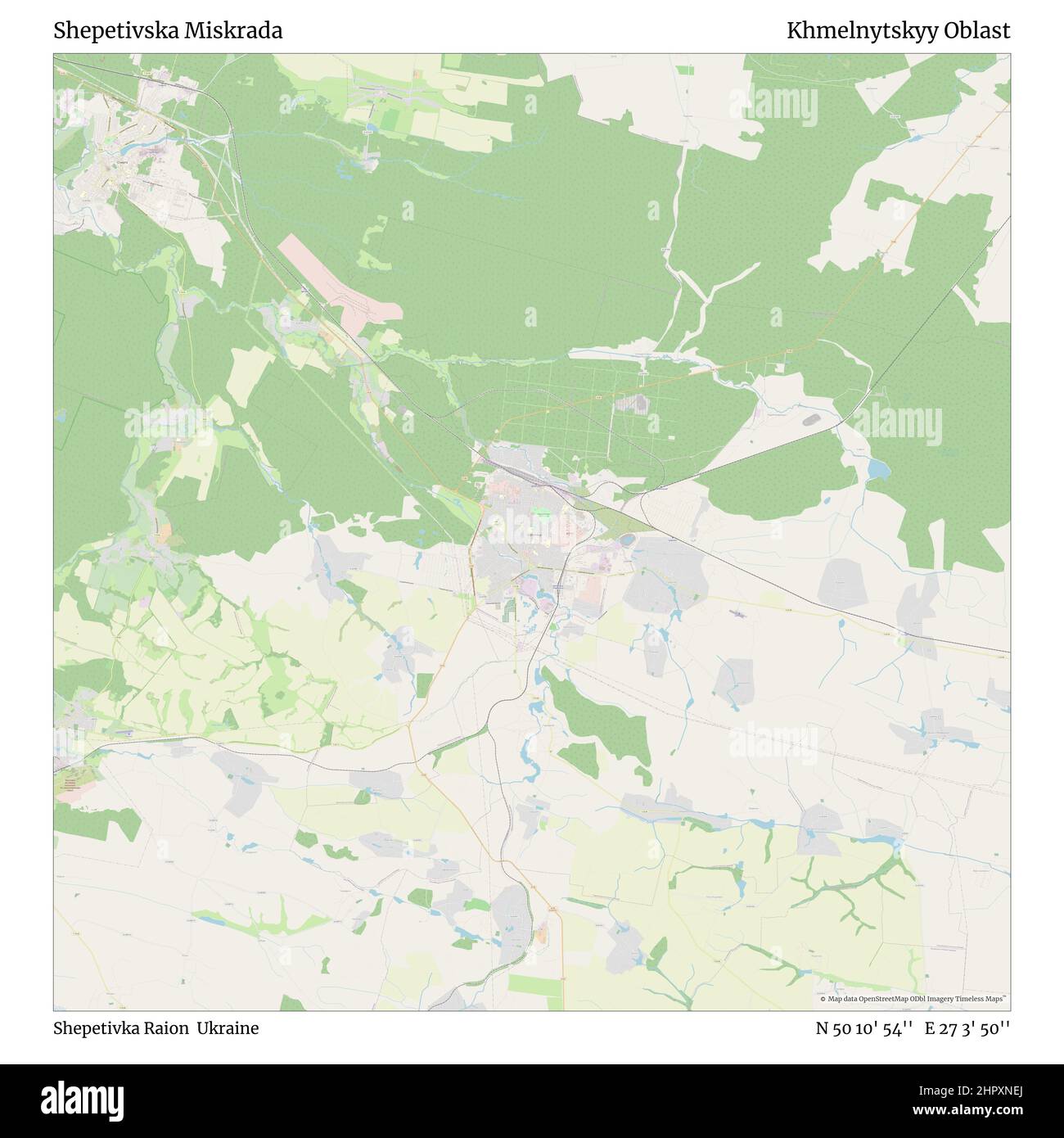 Shepetivska Miskrada, Shepetivka Raion, Ukraine, Khmelnytskyy Oblast, N 50 10' 54'', E 27 3' 50'', map, Timeless Map published in 2021. Travelers, explorers and adventurers like Florence Nightingale, David Livingstone, Ernest Shackleton, Lewis and Clark and Sherlock Holmes relied on maps to plan travels to the world's most remote corners, Timeless Maps is mapping most locations on the globe, showing the achievement of great dreams Stock Photo