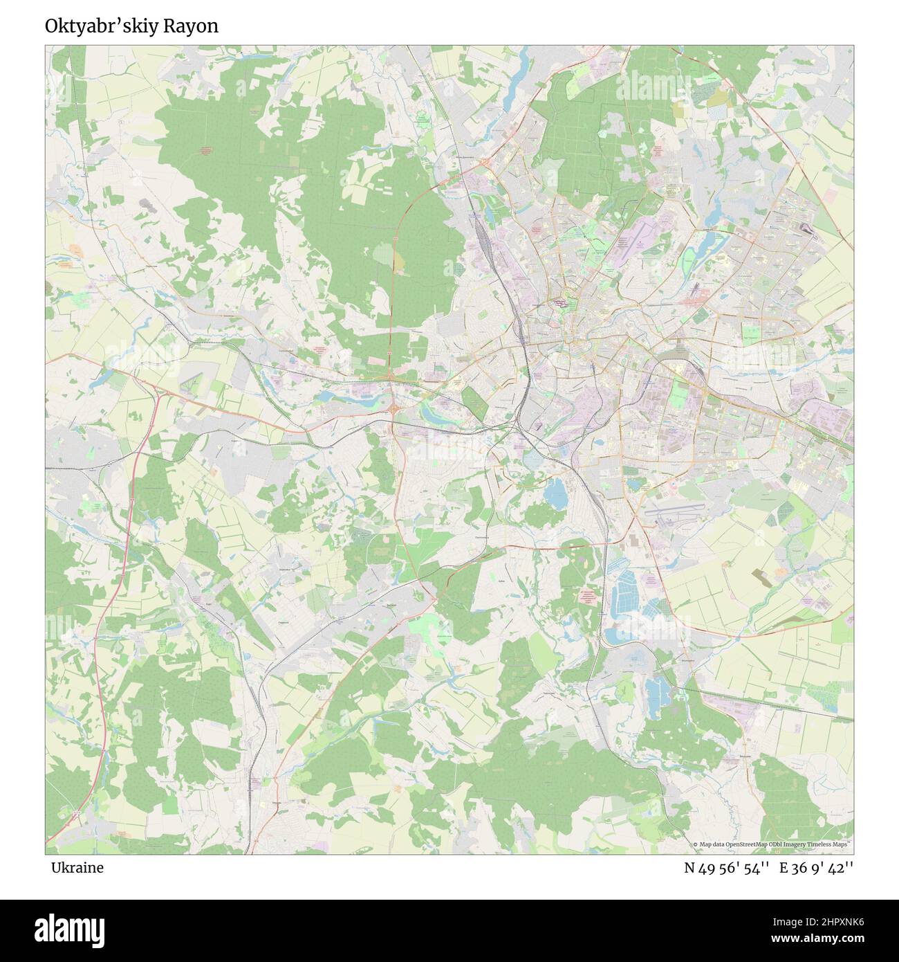 Oktyabr’skiy Rayon, Ukraine, N 49 56' 54'', E 36 9' 42'', map, Timeless Map published in 2021. Travelers, explorers and adventurers like Florence Nightingale, David Livingstone, Ernest Shackleton, Lewis and Clark and Sherlock Holmes relied on maps to plan travels to the world's most remote corners, Timeless Maps is mapping most locations on the globe, showing the achievement of great dreams Stock Photo