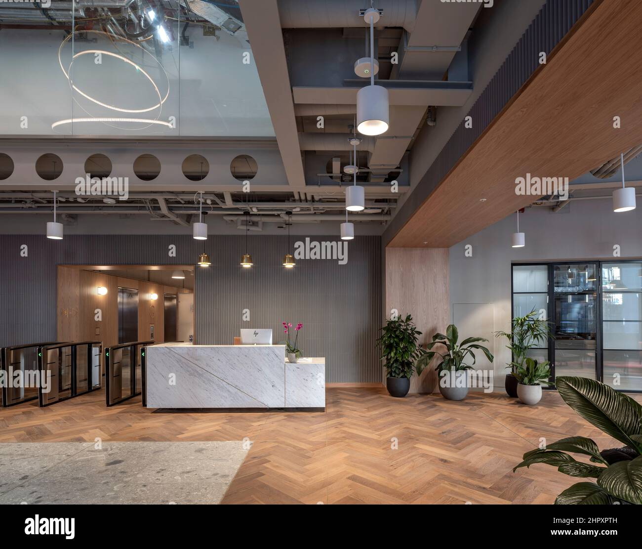 Entrance reception desk. Bloom Clerkenwell, London, United Kingdom