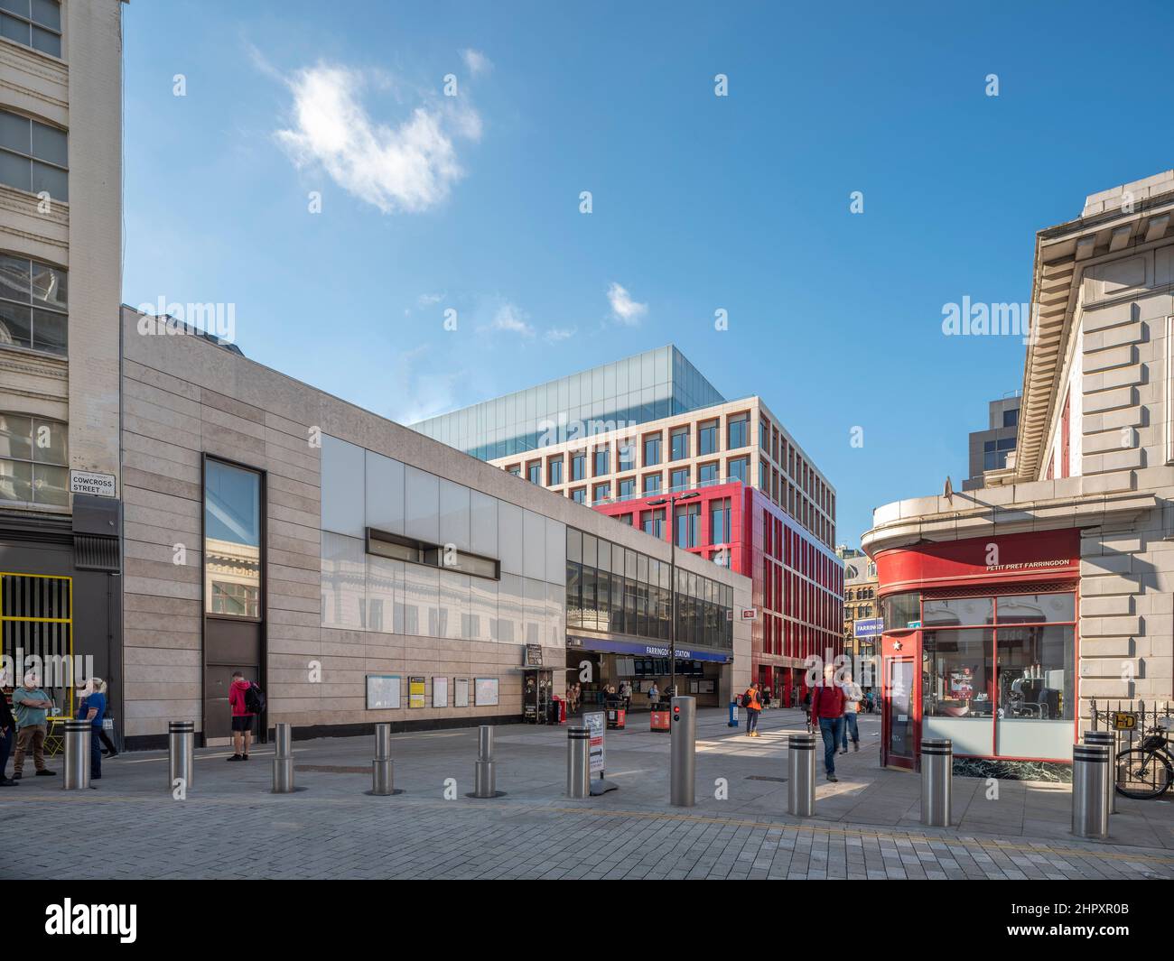 View along Cowcross Street with Crossrail Station entrance. Bloom Clerkenwell, London, United Kingdom. Architect: John Robertson Architects, 2021. Stock Photo