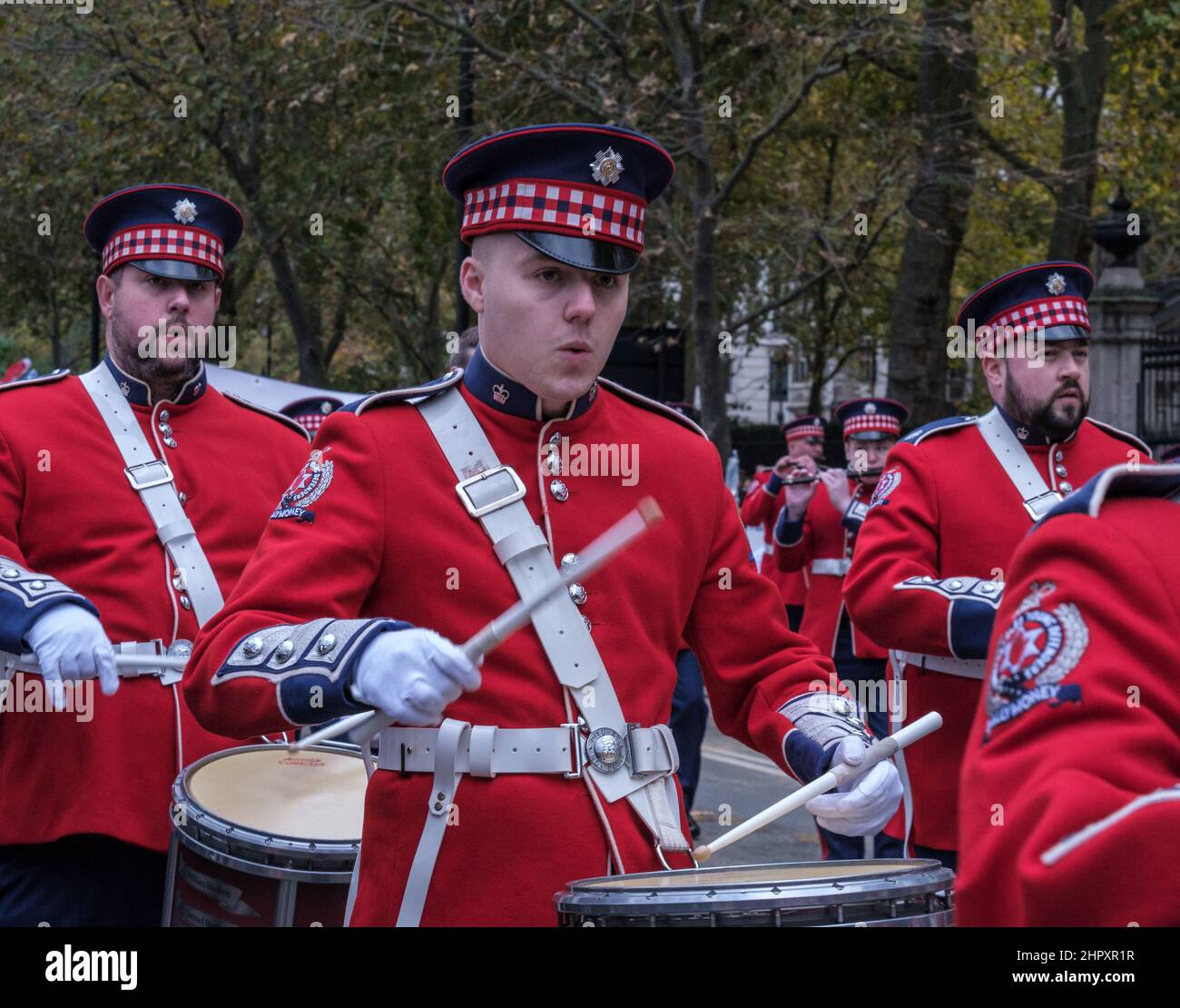 Close up of men playing snare drums with The Drumaheagles Flute Band at