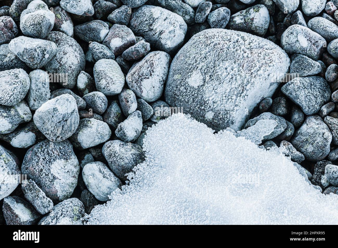 Frozen stones on shoreline, Sweden Stock Photo