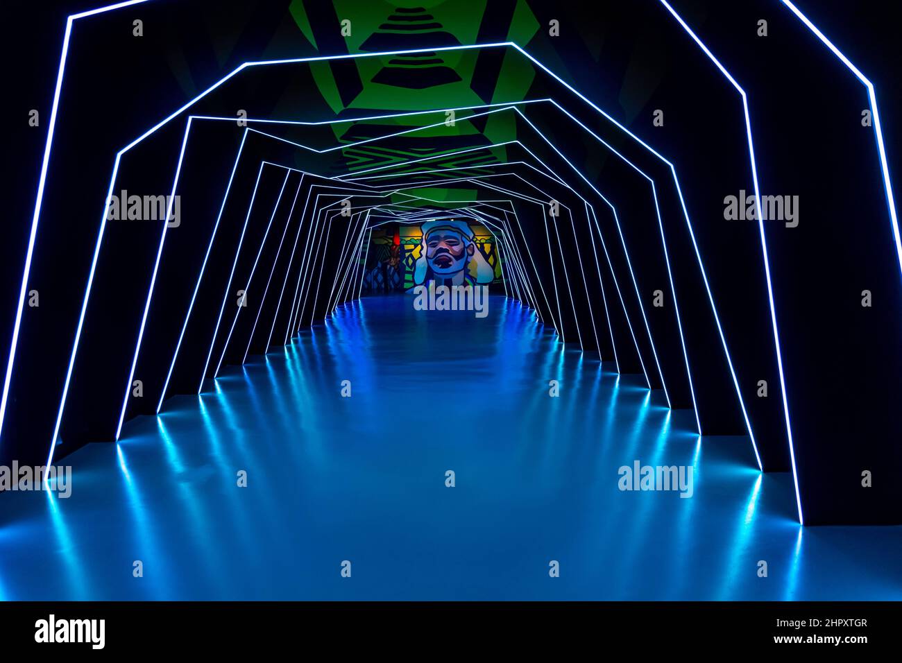 The neon art Welcome Tunnel inside the Australian Pavilion in the Mobility district at the Dubai EXPO 2020 in the United Arab Emirates. Stock Photo