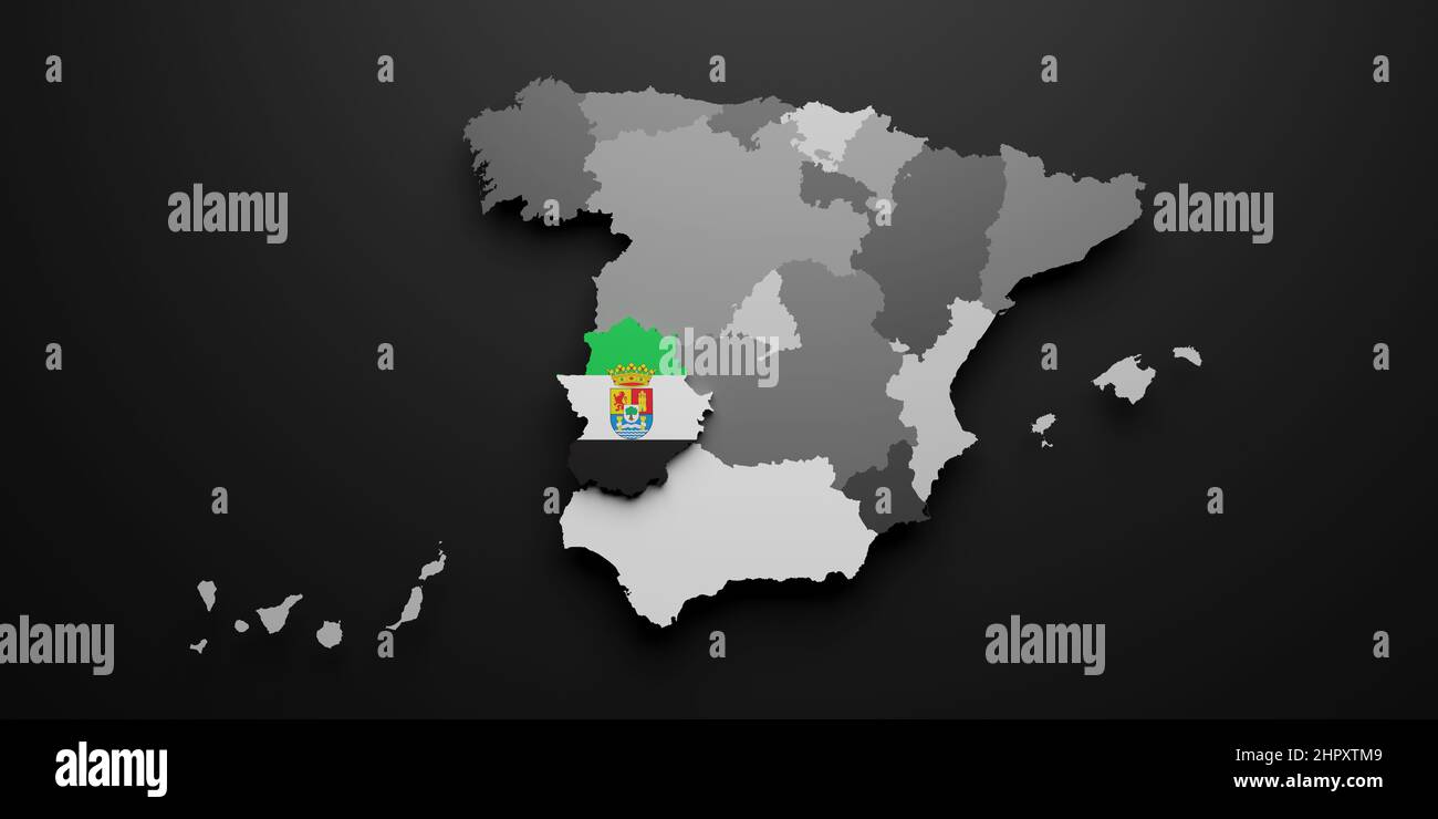 3d rendering of an Extremadura Spanish Community flag and map on a ...