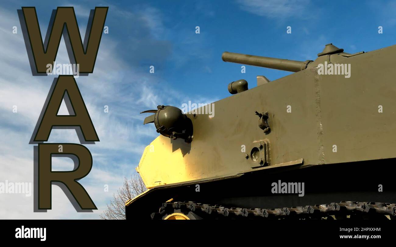 the inscription war on the background of a combat vehicle. Stock Photo