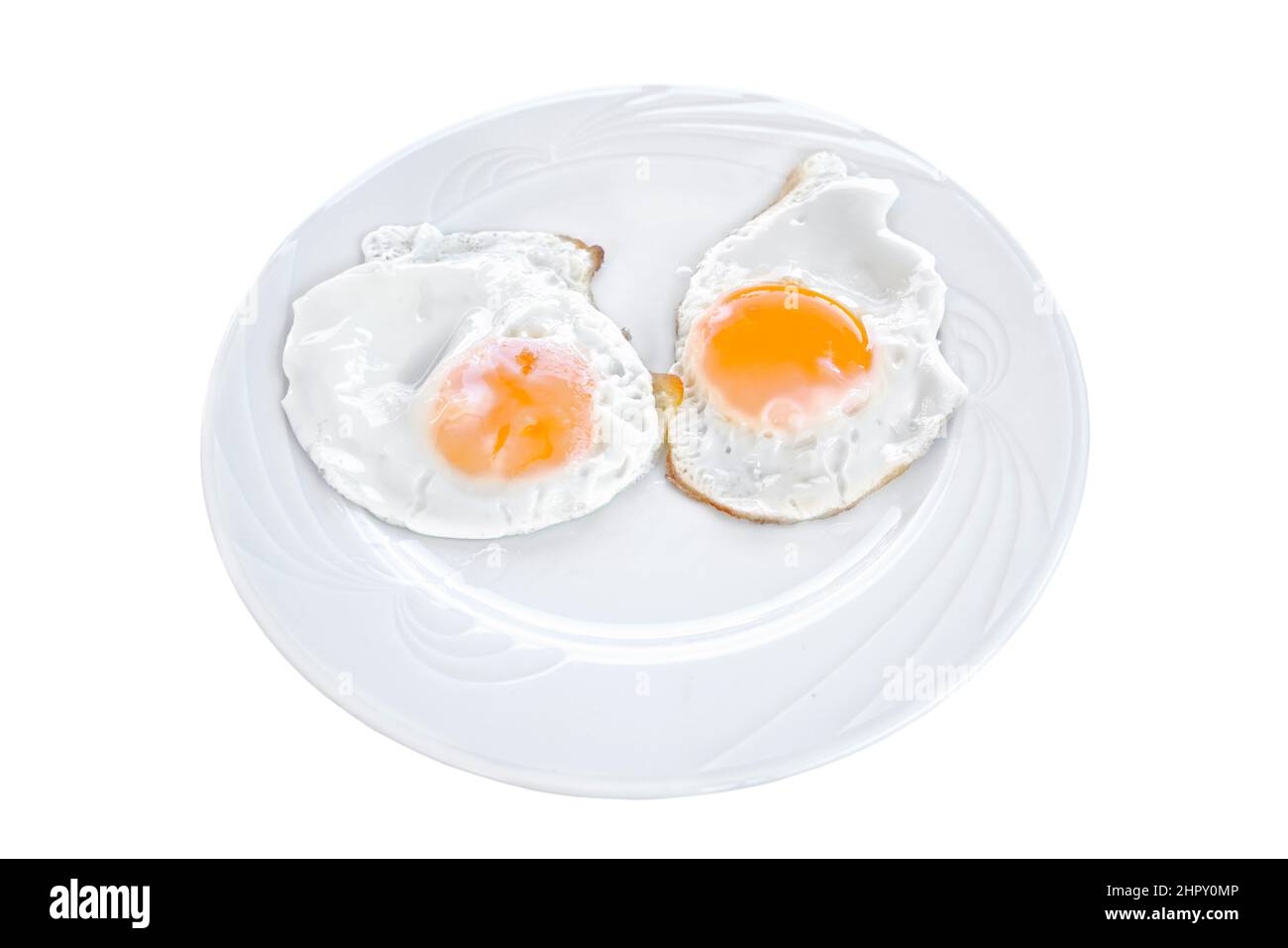 Eggs: Fried Egg, breakfast on the table, isolated on white background, on top view food cooking photo object design Stock Photo
