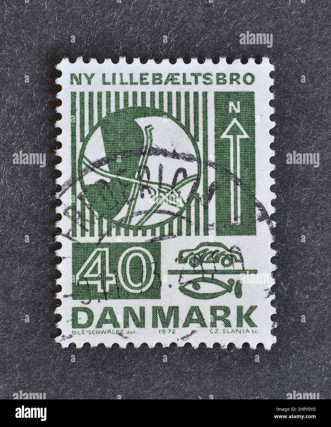 Cancelled postage stamp printed by Denmark, that shows Little Belt Bridge, circa 1972. Stock Photo