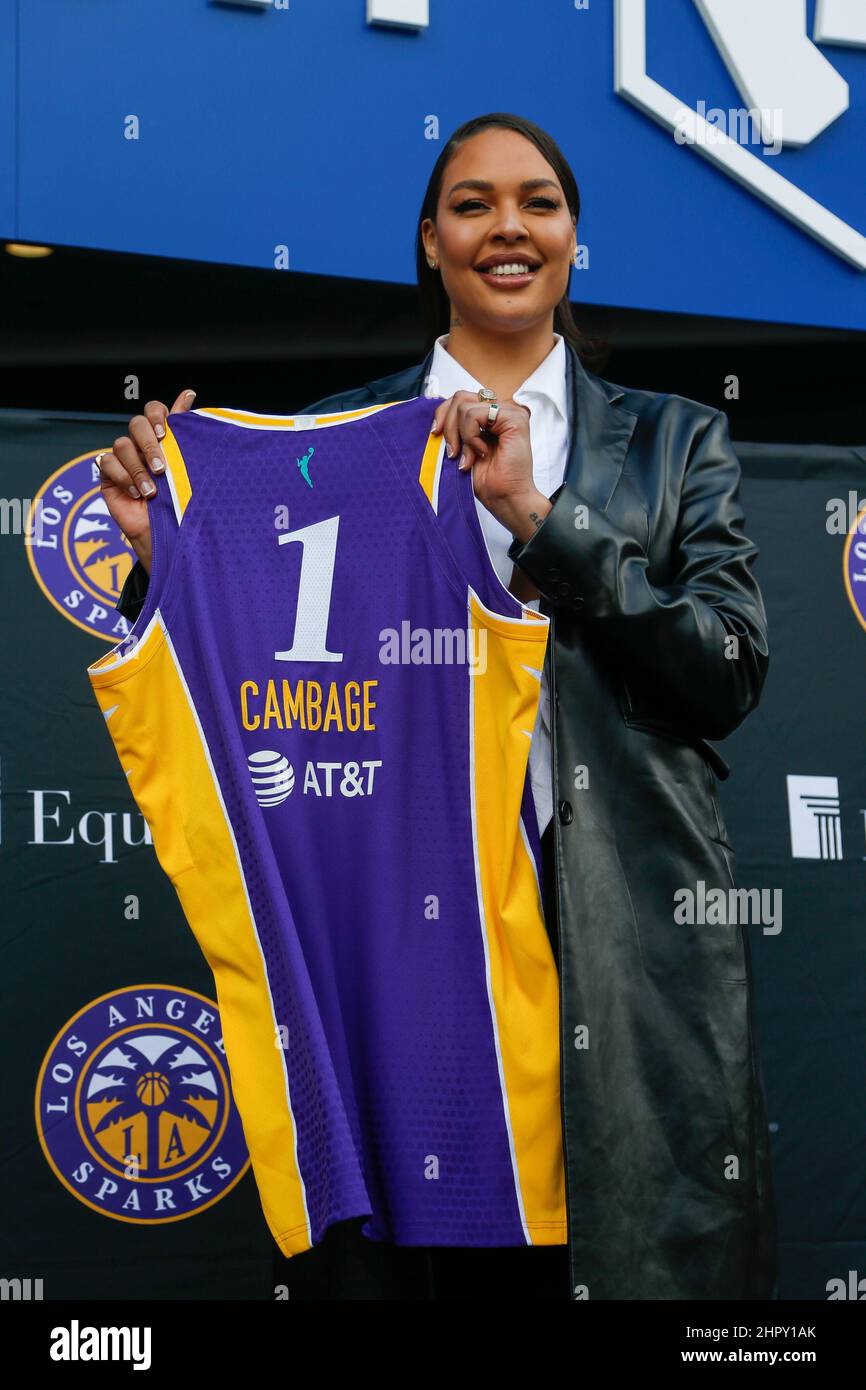 Los Angeles, California, USA. 23rd Feb, 2022. Los Angeles Sparks newly  signed center LIZ CAMBAGE poses with her jersey during a news conference at  Crypto.com Arena in LA. Cambage is an Australian