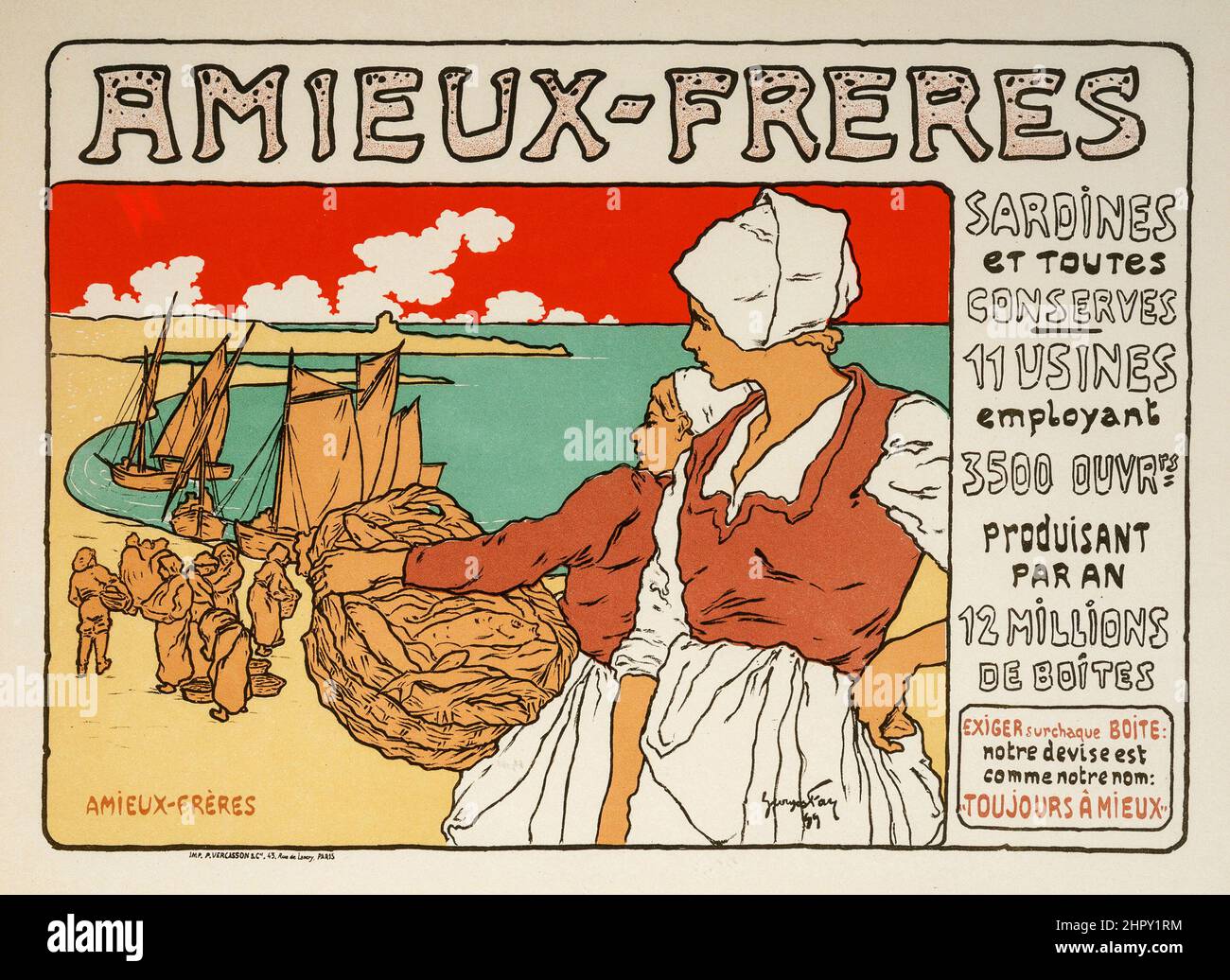 Georges Fay (19th Century). Amieux-Freres Sardines (from Les Maitres de L'Affiche), plate 183. Lithograph in colors. 1899. Stock Photo