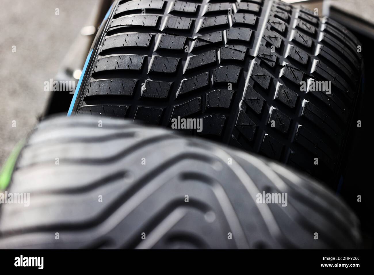 Barcelona, Spain. 24th Feb, 2022, . Wet Pirelli tyres. Formula One Testing, Day 2, Thursday 24th February 2022. Barcelona, Spain. Credit: James Moy/Alamy Live News Stock Photo