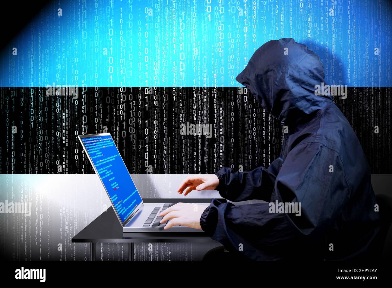 Anonymous hooded hacker, flag of Estonia, binary code - cyber attack ...
