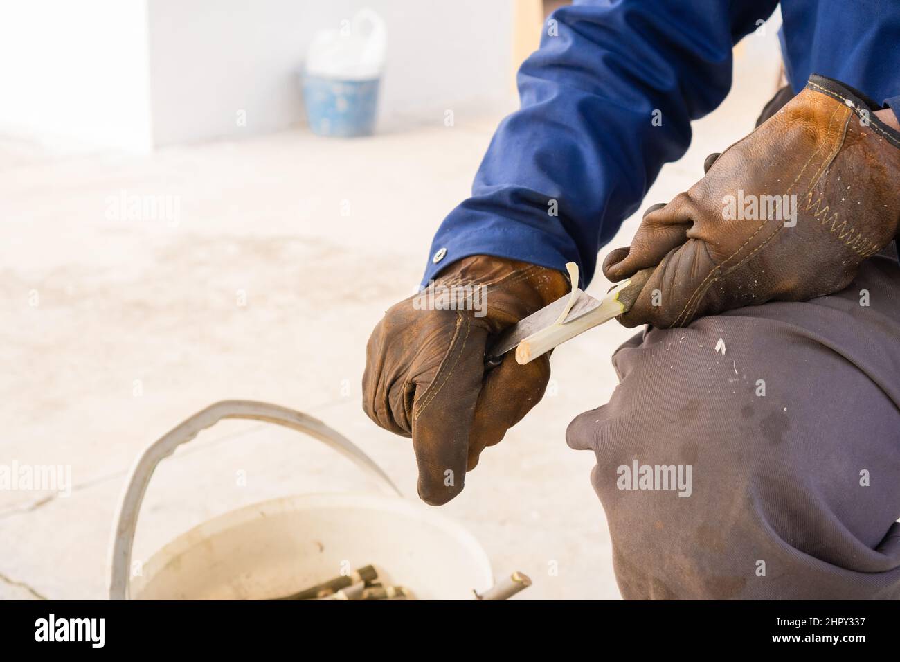Person making a wood tree stake using a knife and protective gloves. Man sharpening a stick with a penknife, copy space left. Stock Photo