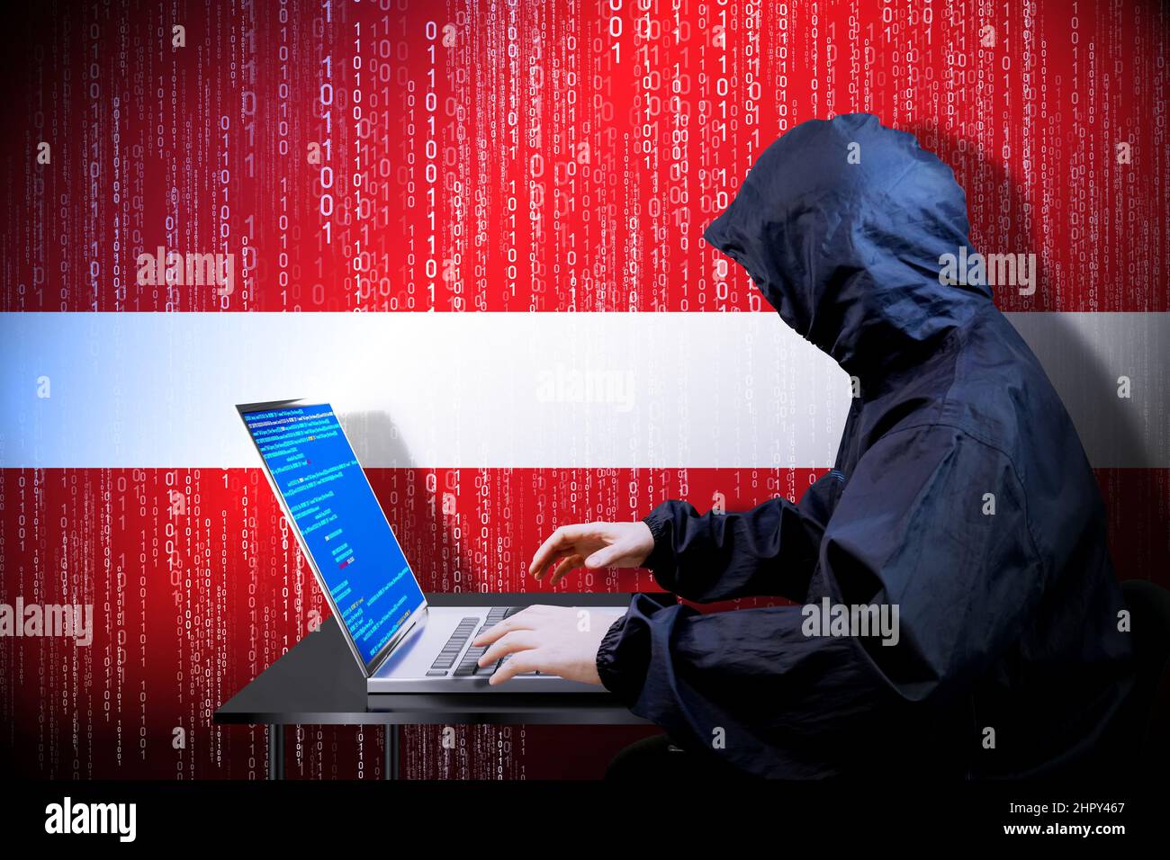 Anonymous hooded hacker, flag of Latvia, binary code - cyber attack ...
