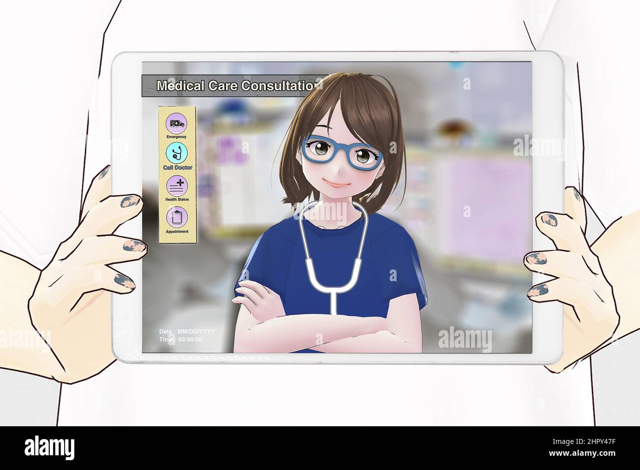 Cartoon image of female doctor make medical care consultation online on digital tablet. Stock Photo