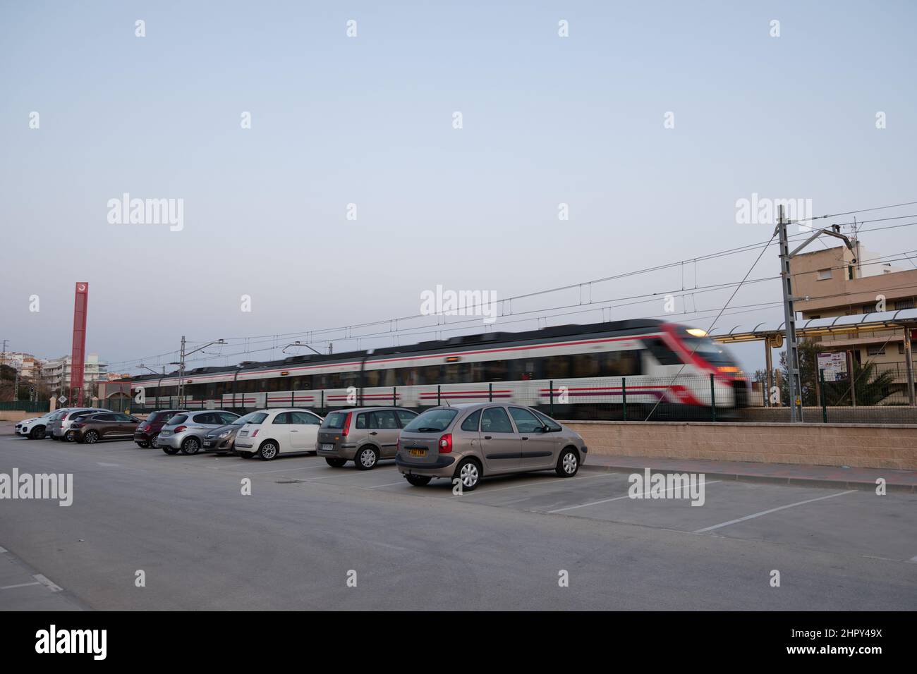 Renfe Cercanias train arriving to Carvajal station, Fuengirola, Malaga province, Spain. Stock Photo