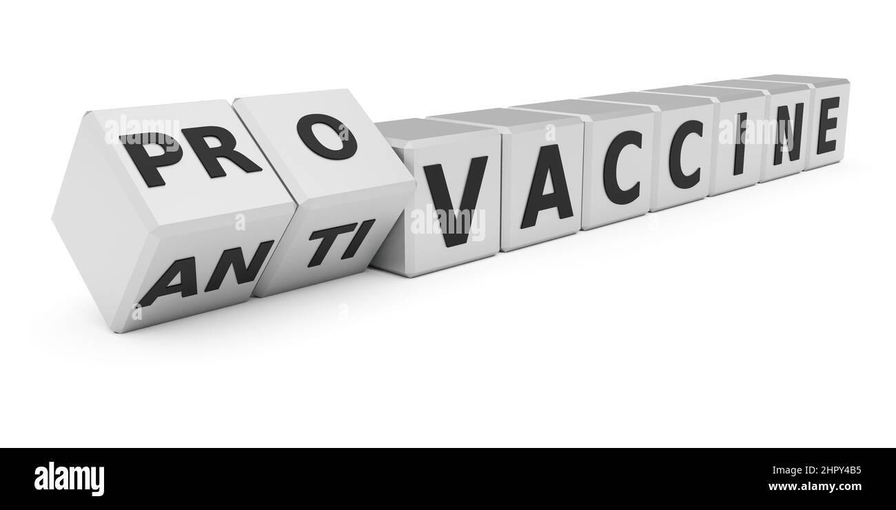 Anti coronavirus covid-19 vaccine concept. Cubes with words: vaccination, anti, pro. 3d rendering Stock Photo