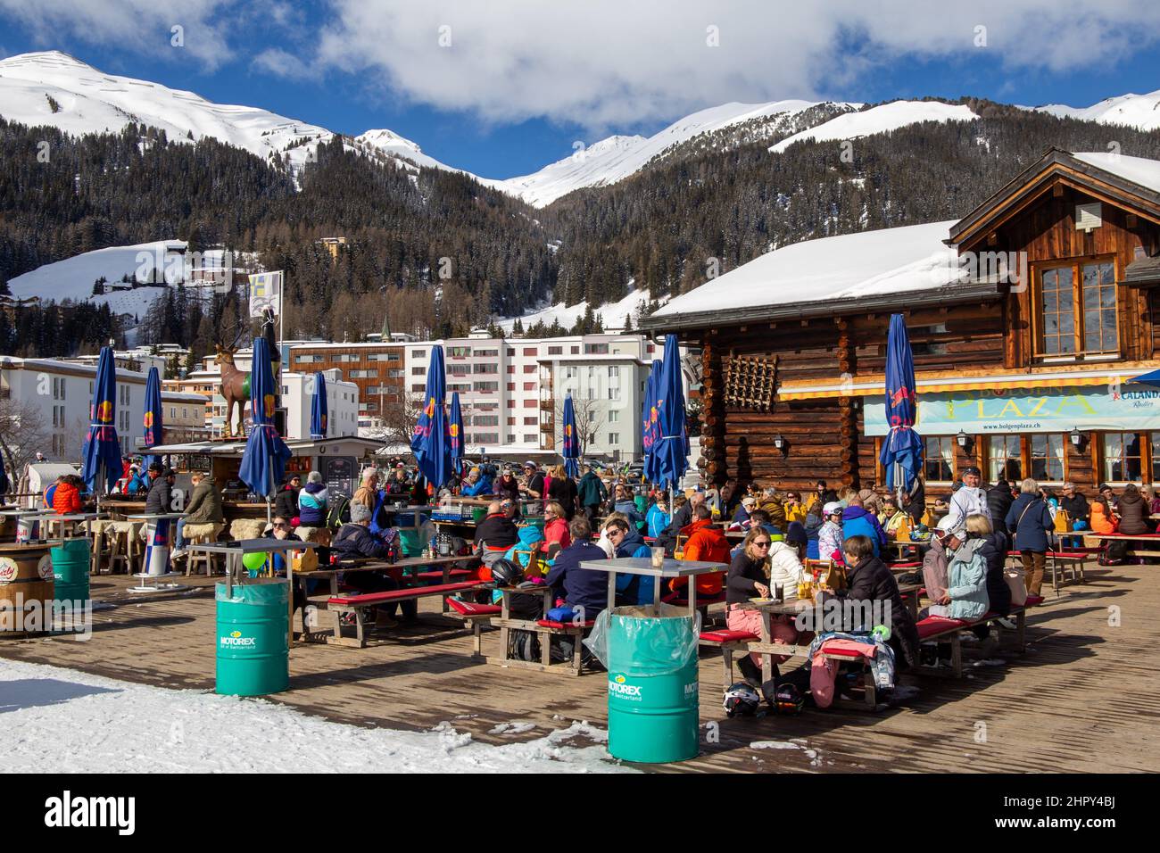 The outdoor terrace at the Bolgen Plaza restaurant in Davos, Switzerland Stock Photo