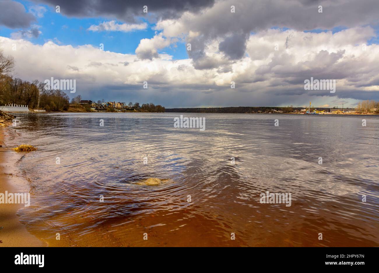 The confluence of river Izhora into river Neva. The historic site of the battle in 1240. Stock Photo