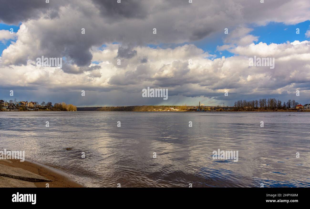 The confluence of river Izhora into river Neva. The historic site of the battle in 1240. Stock Photo